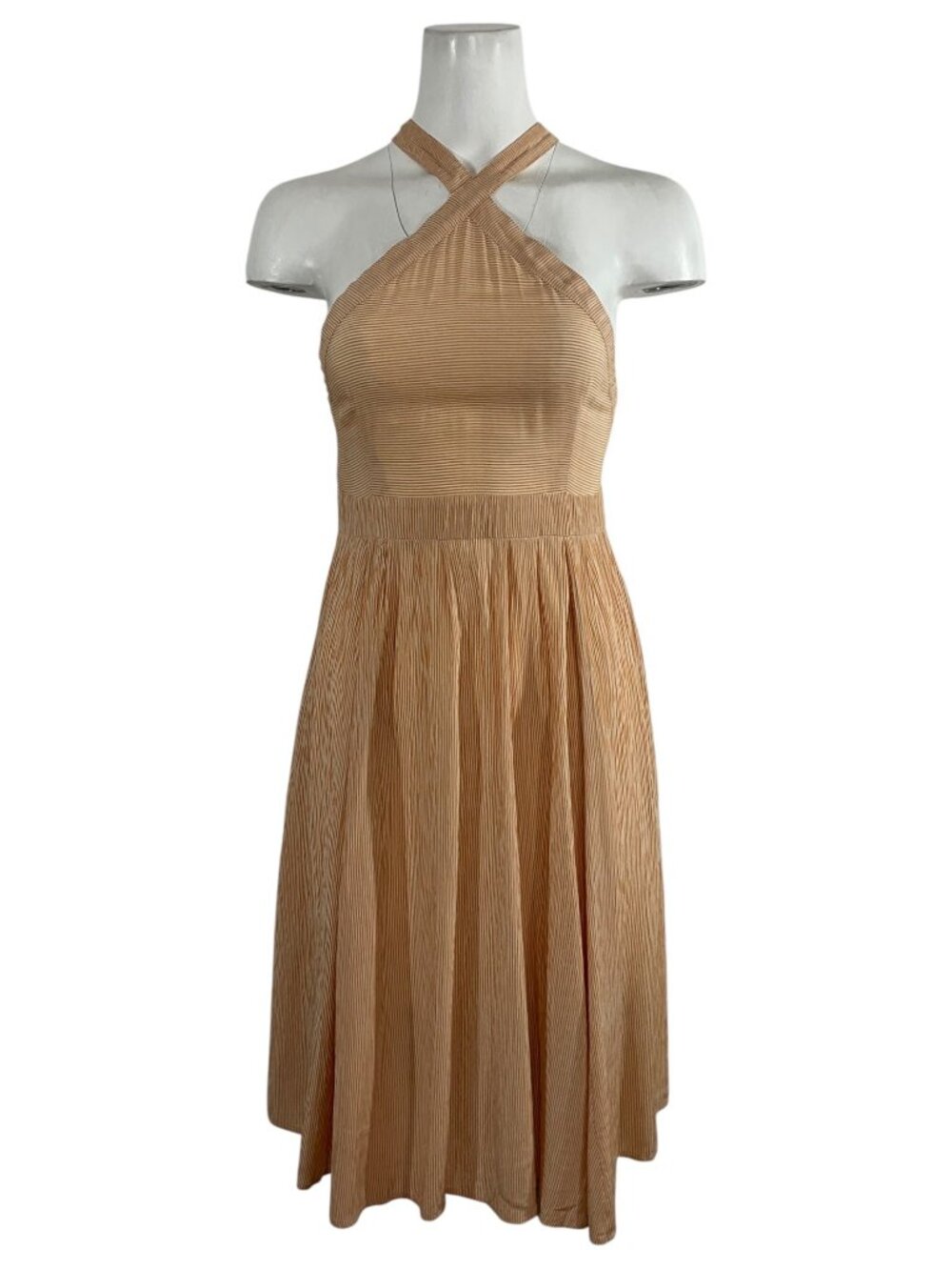 Christy Dawn Arrow Dress S Orange Striped Halter Midi Pockets - Picture 9 of 16